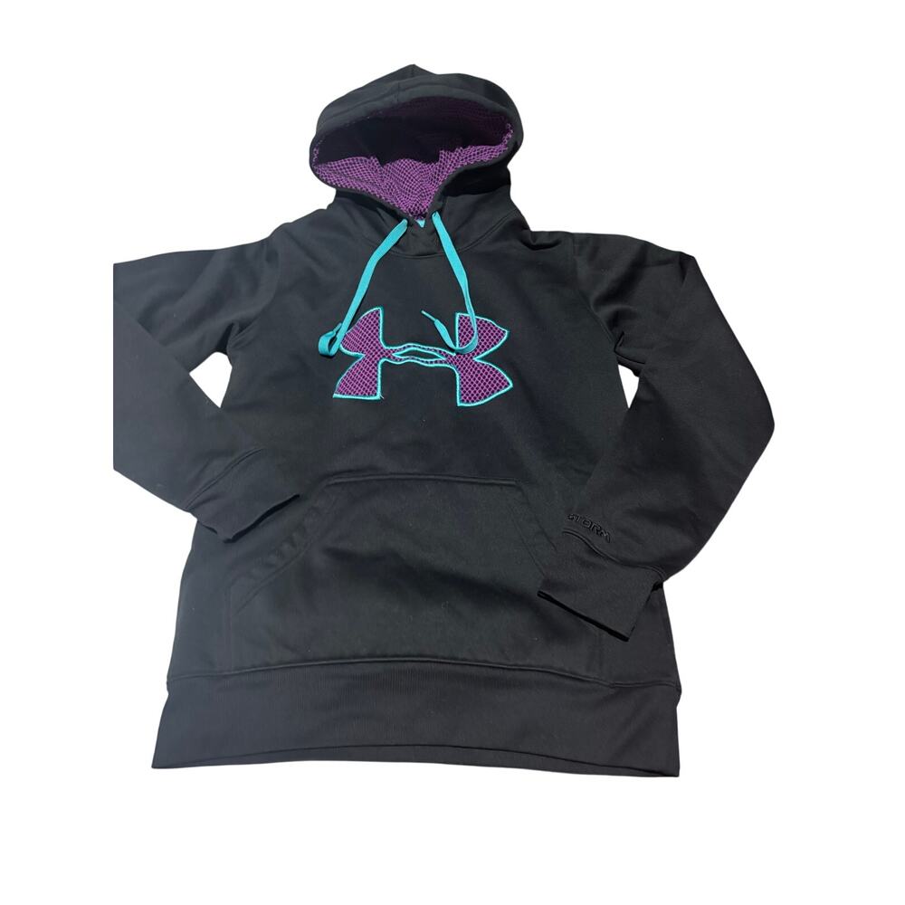 Under Armour xs black hooded sweatshirt large logo front purple teal combo euc